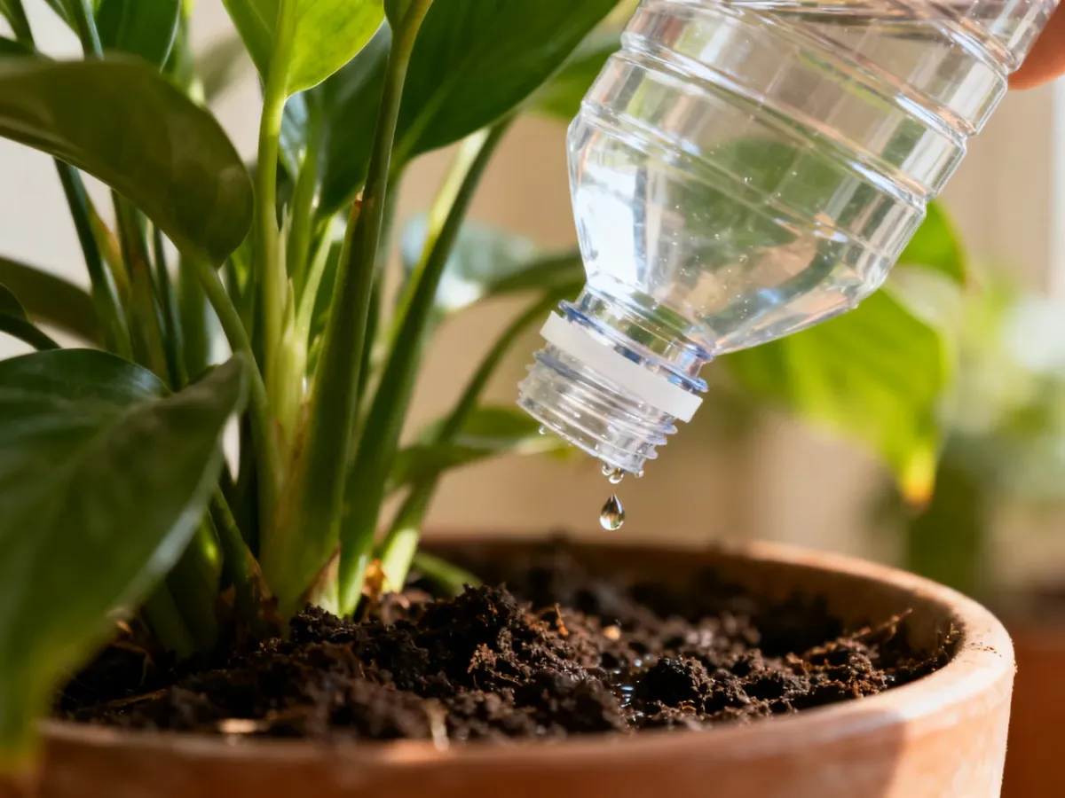 Plastikowa butelka odwrócona zakrętką w dół w ziemi doniczki