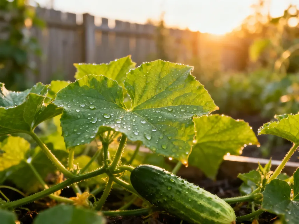 Zdrowy krzak ogórka z kroplami rosy w przydomowym ogrodzie, oświetlony ciepłym światłem zachodzącego słońca.