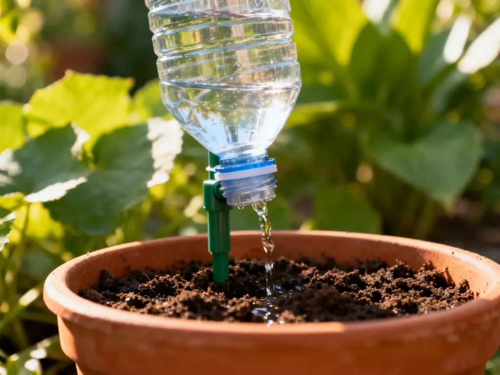Domowy system nawadniania roślin wykonany z odwróconej plastikowej butelki umieszczonej w doniczce z ziemią.