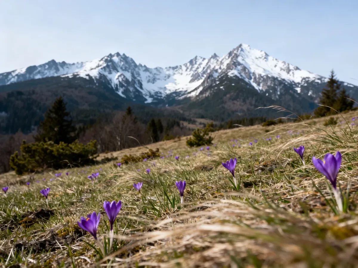 Nienaruszona polana krokusów w Tatrach na tle gór